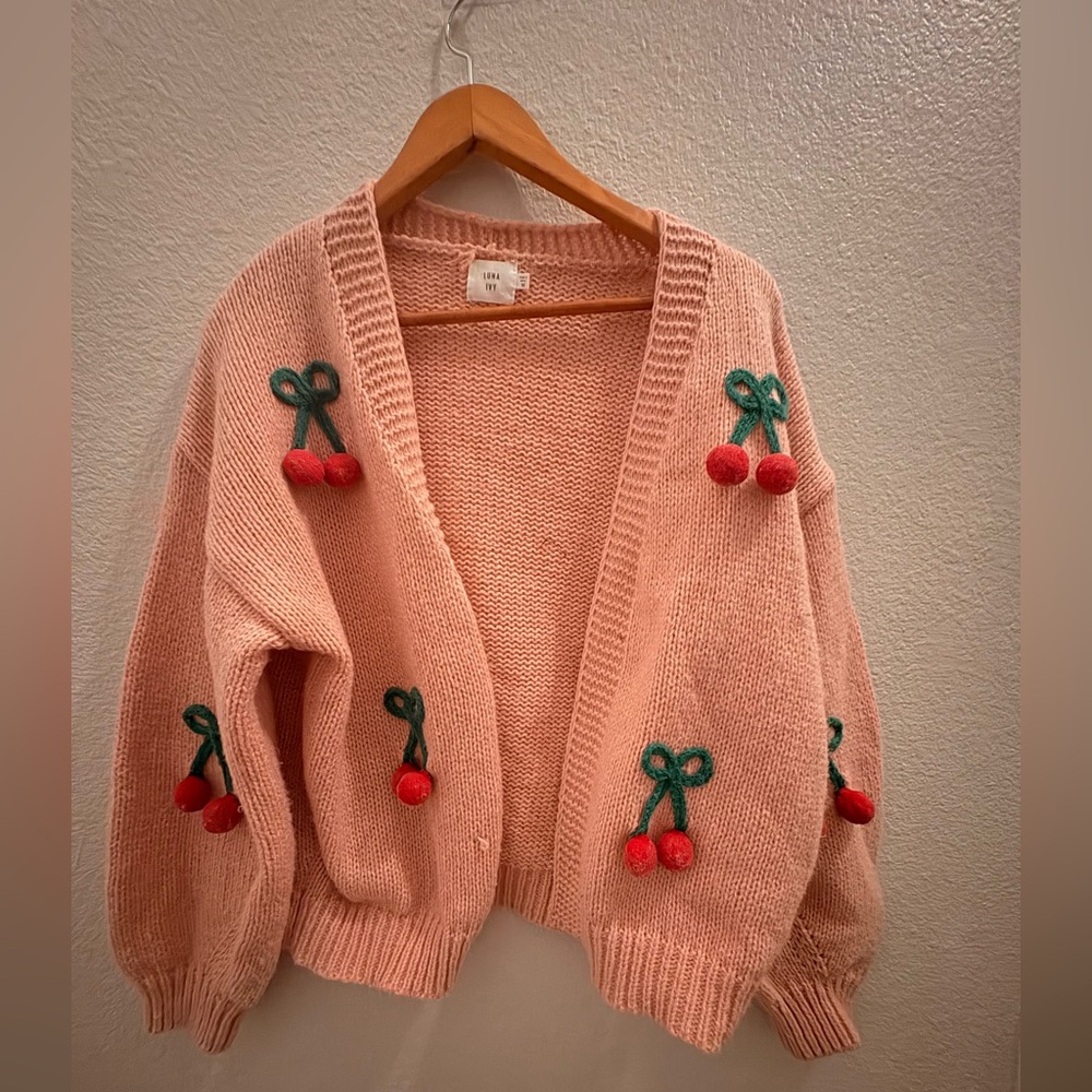 Playful Pink Cherry Embroidered Cardigan